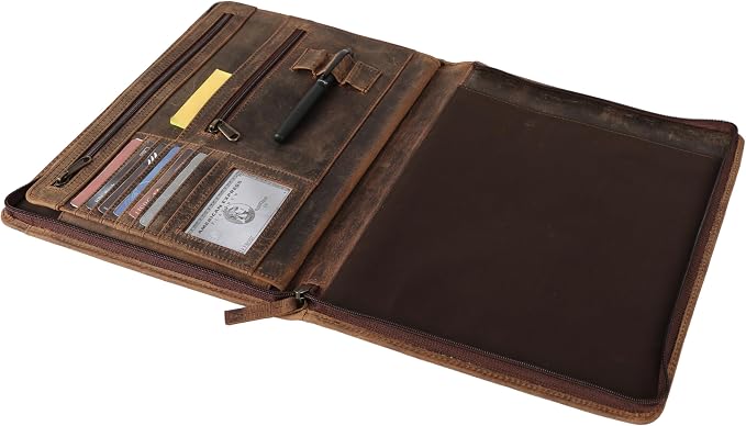 KomalC Leather Portfolio with Zipper Closure | Business Padfolio for Documents, Tablets & Accessories | Vintage Full-Grain Leather Organizer for Professionals