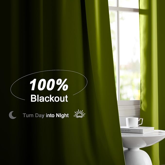 NICETOWN 100% Blackout Curtains for Bedroom, Fresh Green 2 Pieces W52 x L84 Energy Efficient & Thermal Insulated Drapes, Rod Pocket Black Lined Window Treatment Panels for Patio Sliding Glass Door