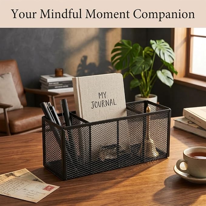 Metal Pen Holder, Pencil Holder 4 Compartments, Mesh Pen Storage Pencil Organizer Cup Makeup Brush Holder for Office Desk Accessories, Black