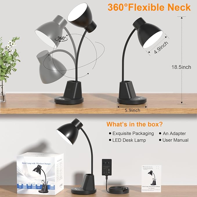 Desk Lamp for Home Office, 10W Wireless Charging, Eye-Caring LED Desk Light, CRI 95+ 3 Color Modes Stepless Dimming Pen Holder, 360° Flexible Arm Desk Lamps for College Dorm, Adapter Included