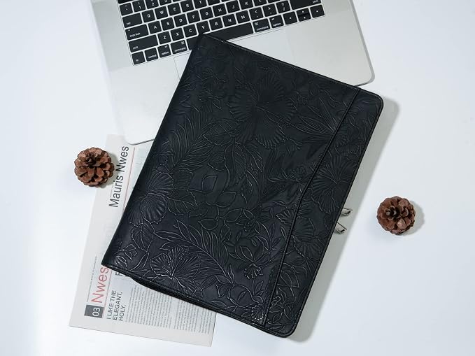 Free Engraved Name, Personalized PU Leather Portfolio, Embossed Resume Padfolio Folder with A4 Size Clipboard, Professional Business Organizer Folio, Gift for Women/Men, Customized(Black)