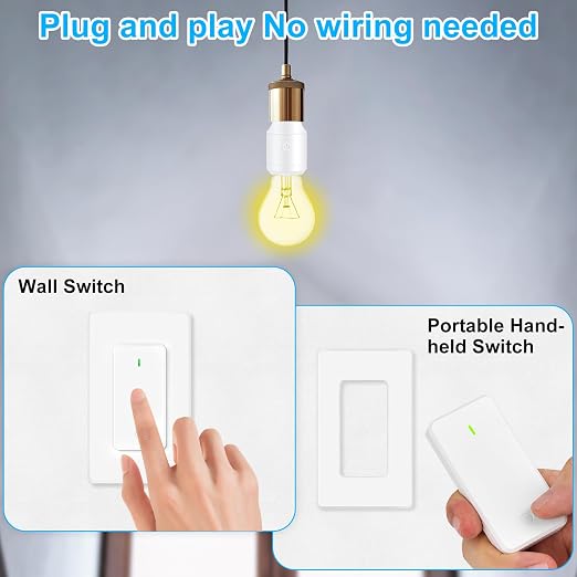 Greencycle Remote Control Light Bulb Socket,Max 500W LED,Wireless Wall Light Switch for Pull Chain Light Fixture,E26 E27 Bulb Base,No Wiring,500ft RF Range,for Bedroom,Stair