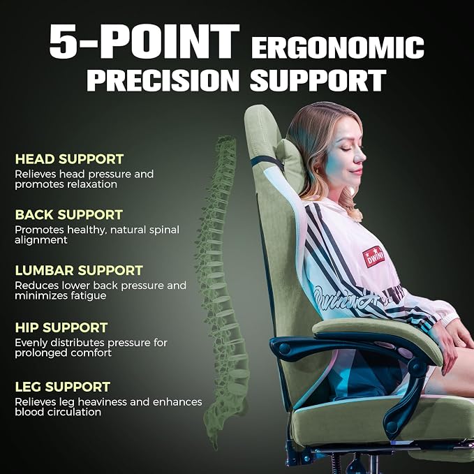 GTPLAYER Big and Tall Gaming Chair 350lbs Heavy Duty Office Chair with Foot Rest, High Back Pocket Spring Ergonomic Computer Chair for Adults, Wide Comfy Seated Cushion with Linkage Armrests, Green