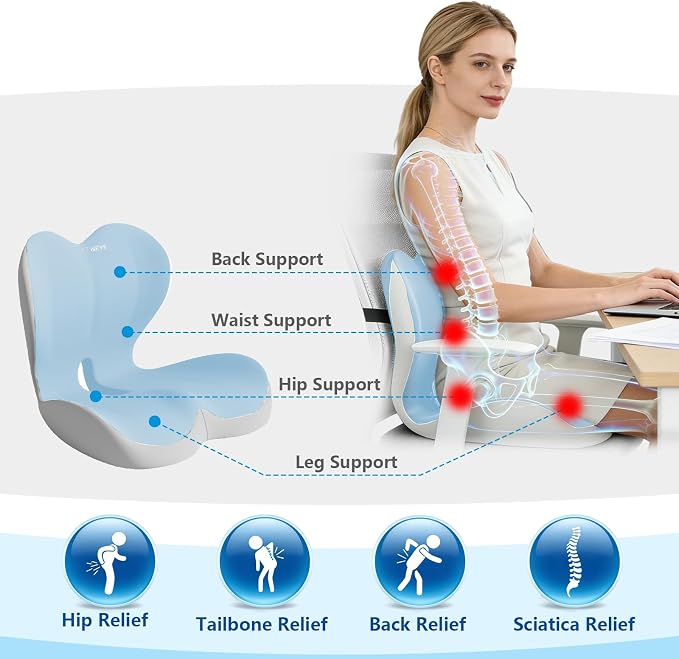 Ergonomic Memory Foam Seat Cushion with Strap for Office Chair, Blue Grey | Contoured coccyx cutout supports back and butt, with a non-slip base and washable cover for office chairs and cars.