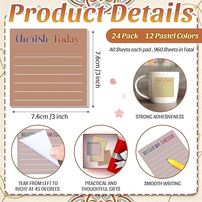 Yinder 24 Pcs Inspirational Sticky Notes Thank You Gift Motivational Sticky Note Pad Employee Appreciation Gift Bulk for Staff Coworker Teacher Nurse Office Groups 3 x 3'' (Bible,Boho)