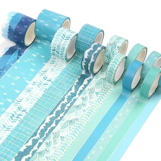 CCINEE 12 Rolls Washi Tape Set,Blue Decorative Masking Tape Assortment for Planner Bullet Journal Scrapbooking Craft Supply