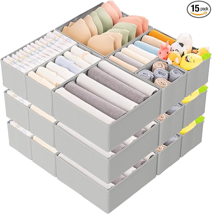 15 Pack Drawer Organizer for Clothes, Foldable Dresser Dividers with 3 Sizes, Fabric Storage Bins – Gray
