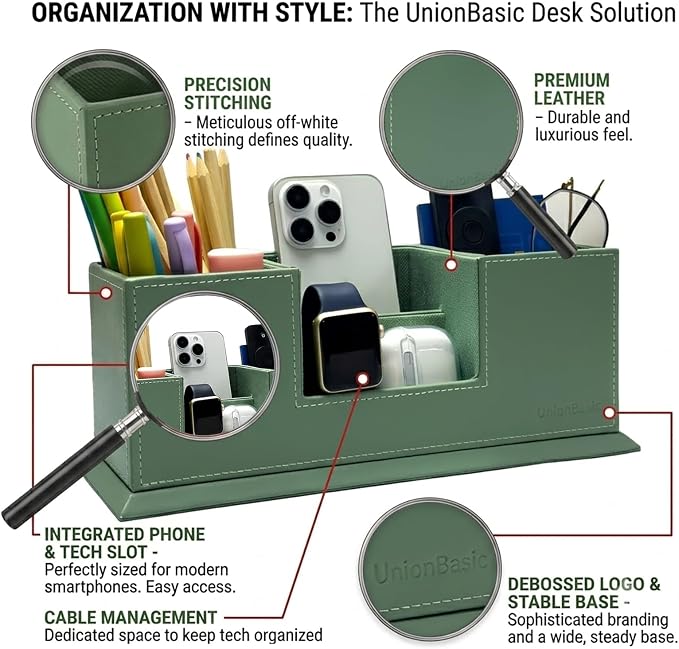 UnionBasic Desk Organizer, Desktop Caddy Leather Multi-compartment Pen Holder Office Stationer Organizer, Malachite Green