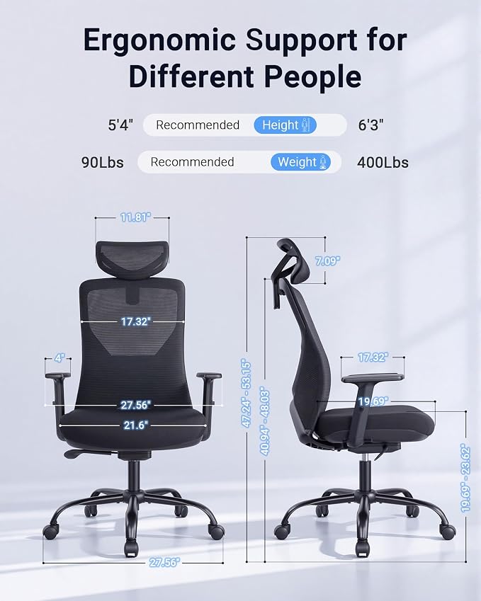 HYLONE Ergonomic Office Chair with Adaptive Gravity Balance Recline, High Back Mesh Chair with Adjustable Headrest & Lumbar Support, X-Frame Structure, Comfortable Big and Tall Home Office Chair
