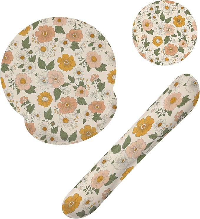 Retro Boho Groovy Flower Mouse Pad with Wrist Rest and Keyboard Wrist Rest Set, Non-Slip Rubber Base Memory Foam Mouse Pad Set for Women, Office Desk Accessories, Gaming