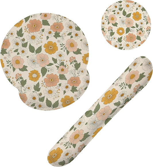 Retro Boho Groovy Flower Mouse Pad with Wrist Rest and Keyboard Wrist Rest Set, Non-Slip Rubber Base Memory Foam Mouse Pad Set for Women, Office Desk Accessories, Gaming