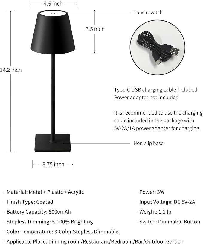 KDG 2 Pack Cordless Table Lamp, Portable LED Desk Lamps, 5000mAh Battery Operated, 3 Color Stepless Dimming Up, for Restaurant, Bedroom, Outdoor Camping, Coffee Shop, Night Light, Rechargeable (Black)