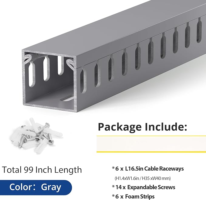 1.4"H x 1.6"W Cable Raceway, 99in Under Desk Wire Management Channel, Grey | Slotted Wire Duct, 6Pack, 16.5in Each, Heavy-Duty PVC Cable Management for Server Racks, Network Cables & Electrical Cabinets