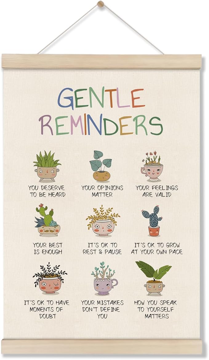 Positive Affirmations Gentle Reminders Wall Decor - Motivational Mental Health Inspirational Wall Art Hanger Frame for Therapy Therapist Counselling Office Kids Playroom Nursery Classroom, 16x12 Inch