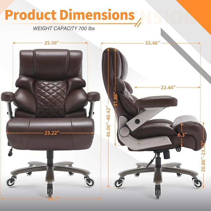 VUZI 700lbs Big and Tall Office Chair, Large Executive Leather Desk Chair | Adjustable Lumbar Support for Back Pain, Plus Size Wheels, 3D Flip Arms, Heavy Duty Metal Base, Wide Seat Computer Chair