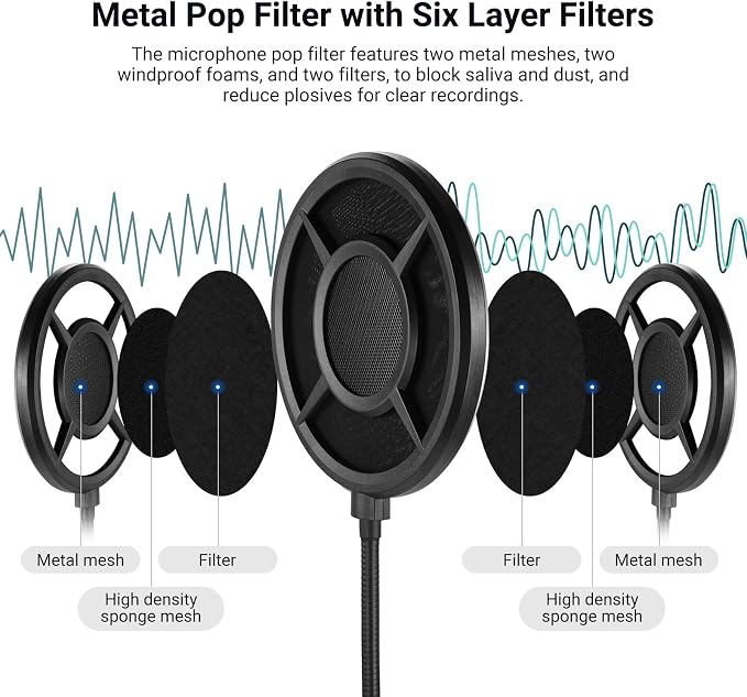 NEEWER Metal Pop Filter for Microphone, Six Layer Professional Foam Mic Isolation Shield Windscreen Cover with Flexible Arm for Podcast Live Streaming Voice Over Singing Studio Music Recording, MS044