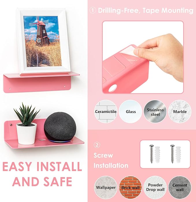 OAPRIRE Pink Acrylic Floating Shelves Set of 2 - Easily Expand Wall Space - Small Wall Shelf with Strong Adhesive for Bedroom, Kids' Room, Bathroom, etc