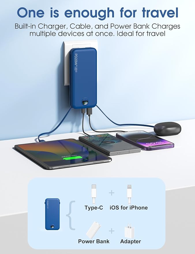citicr Portable Charger 10000mAh PD20W w/Built-in Cables & Wall Plug Navy | Fast charging, Built-in wall plug, LED display, Charge 5 devices at once, Pass through charging, TSA approved, Pocket size