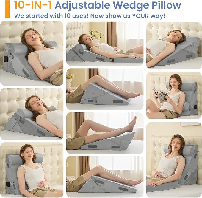 Sasttie Adjustable Wedge Pillow Set for After Surgery, Velvet - Light Grey | 2PCS Bed Wedge Pillow Headboard with Memory Foam Neck Cushion, for Acid Reflux, Sleeping, Neck & Back Support