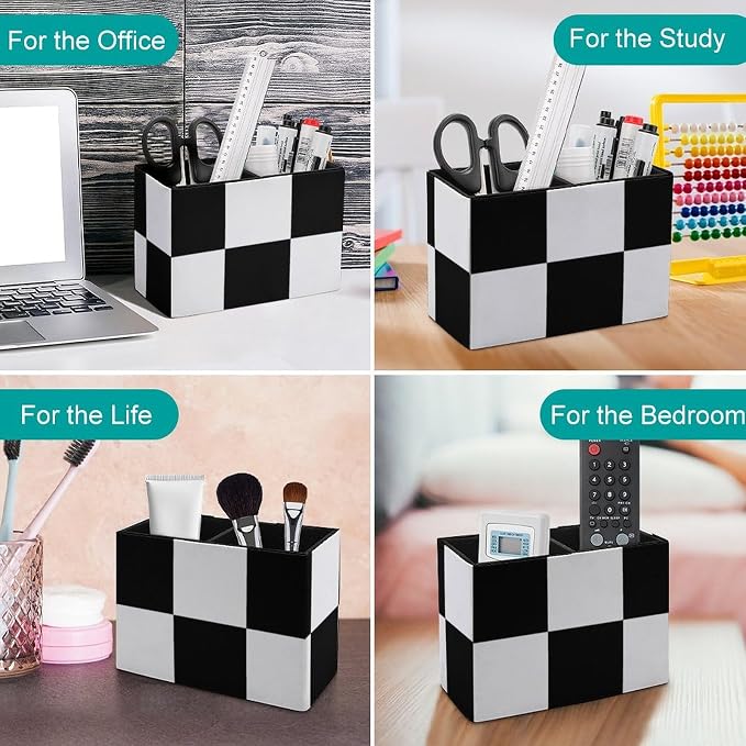 Black And White Plaid PU Leather Pen Holder Desk Organizer, 2-Compartment Pencil Container for Office, Home, Vanity Use