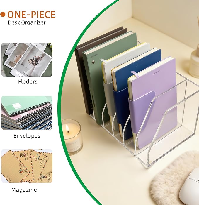 Clear Acrylic Magazine File Holder, 6 Compartment Desk Organizer | 6 spacious vertical compartments hold magazines, files, books & more. 5mm thick clear acrylic, non-slip base. No assembly.