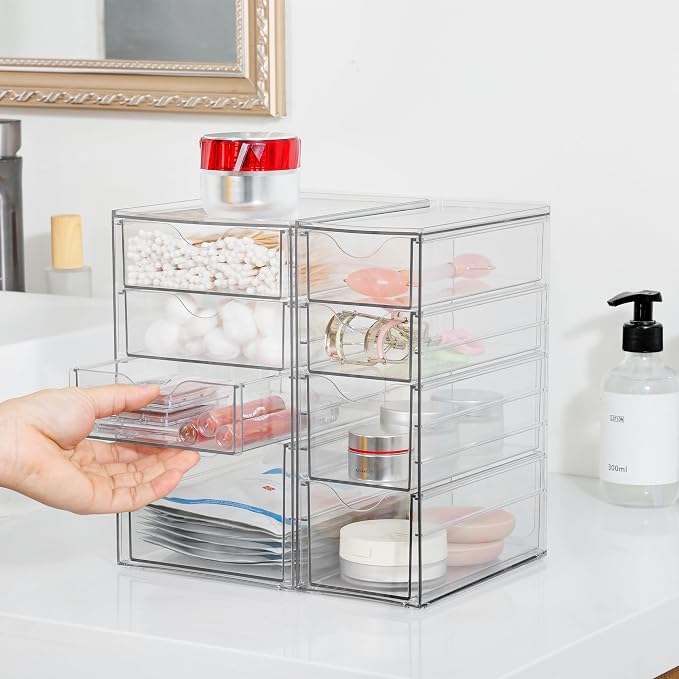 Vtopmart Acrylic Desk Organizer with 8 Drawers for Office, Makeup, Crafts | Clear Storage Drawers for Office Supplies, Desktop Organization for Makeup, Jewelry, Art Crafts, Bead, Pen, Stationary