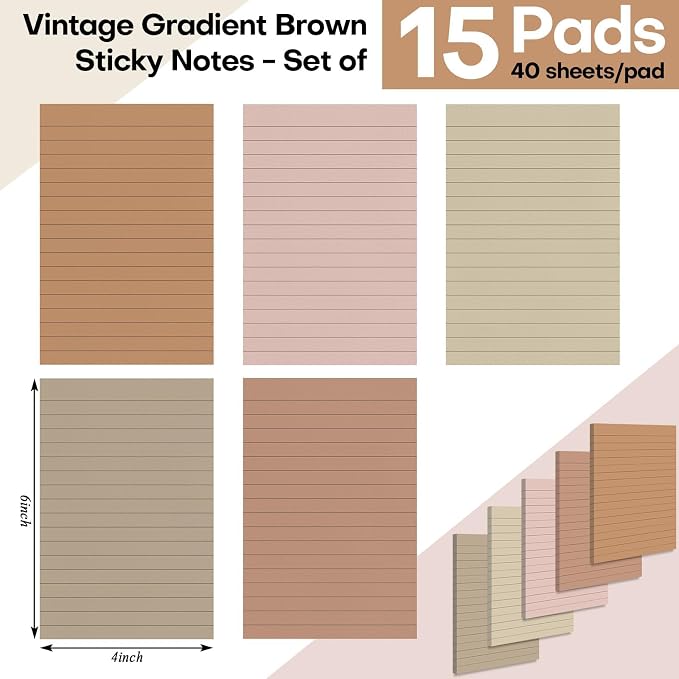 Wiooffen 15 Pads Brown Color Sticky Notes with Lined 4x6in Ruled Self Stick Note Pad Boho Super Sticking Power Memo Pad Vintage Aesthetic School Office Meeting Supplies Accessories 40 Sheets/pad 4x6in