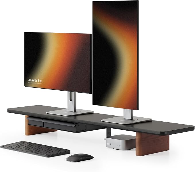 Fenge 42.5" Dual Monitor Stand with Storage Drawer & Solid Wood Legs, Black | Modern Minimalist Design, Repositionable Metal Drawers, Wooden Desk Shelf for Home Office Workspaces