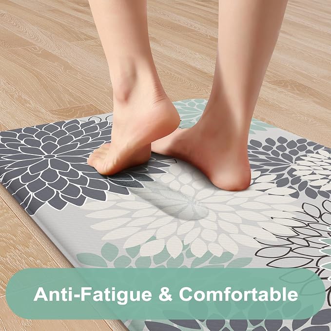 KIMODE Anti Fatigue Mats for Kitchen Floor Comfort Cushioned Rugs Sets of 2 | 20"x32"+20"x47",Teal,Floral Farmhouse, Waterproof,Ergonomic Standing Mat 2PCS,,Non Slip,Kitchen Sink Rug,Laundry Office