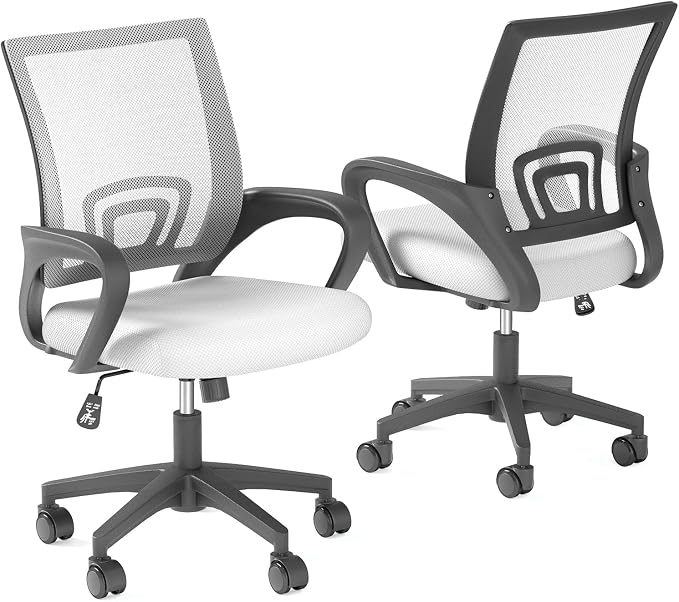 OS MOTOR Ergonomic Mid-Back Mesh Office Chair (White, 2 Pack) | Lumbar Support, Adjustable Height, Swivel Rolling Design, Comfy Armrest, Home, Office, Work, Study, Gaming, Vanity