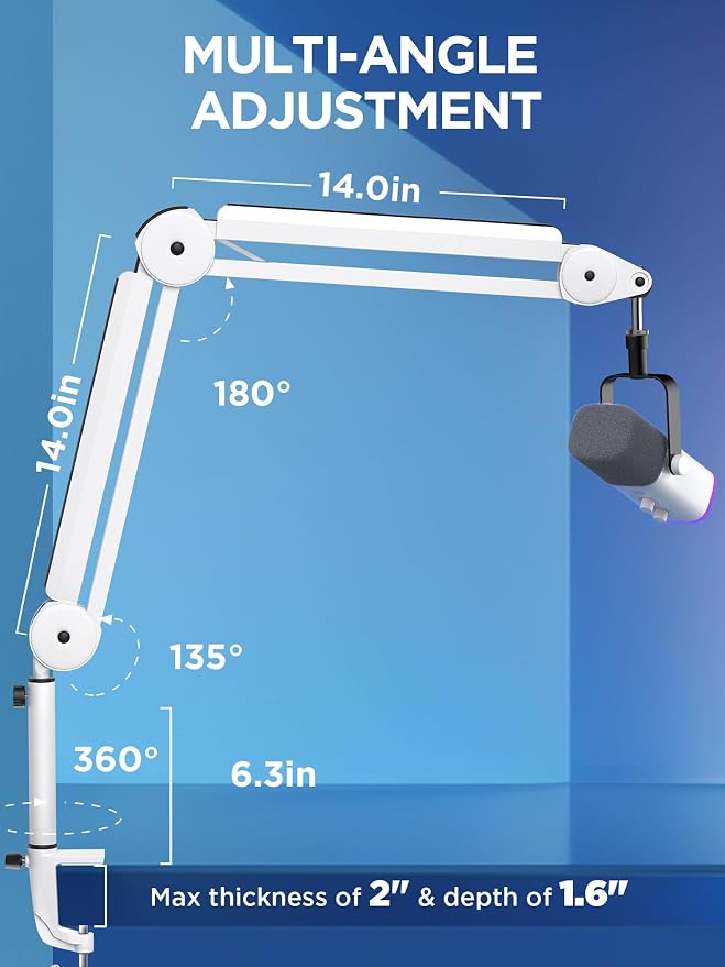 InnoGear Mic Boom Arm Microphone Stand Cable Management for Blue Yeti FIFINE AM8 K669B HyperX QuadCast S SoloCast AT2020 and Other Microphone, White
