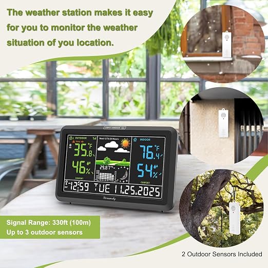DreamSky Weather Station Indoor Outdoor Thermometer Wireless, Atomic Clock | Digital Large Display with Backlight Dimmer, USB Port, Inside Outside Temperature Humidity Monitor for Home (Plug-in)