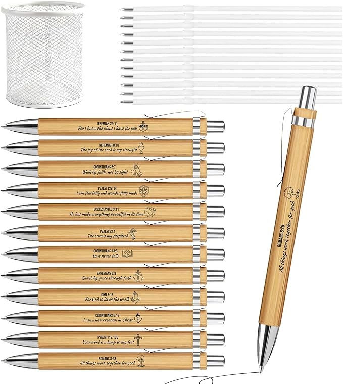 Bible Verse Pens 25 Pcs with 12 Christian Pens & 12 Refills & 1 White Pen Holder Bamboo Retractable Ballpoint Pens Inspirational Quote Pen Religious Gifts for Men Women