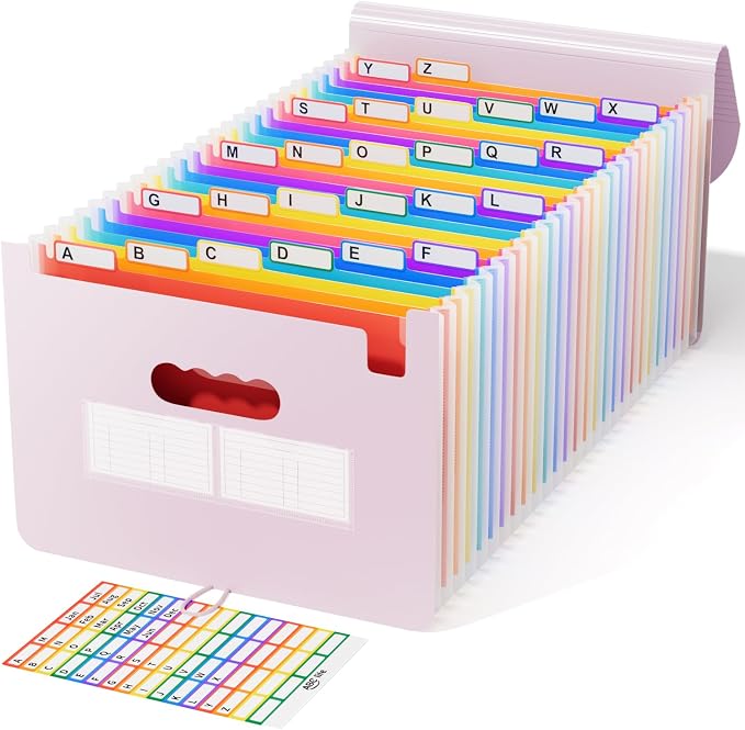 ABC life 26-Pocket Accordion File Organizer, Expanding File Folder, Letter/A4 Size Plastic Monthly Bill & Tax Receipt Holder with A-Z Tabs for Home, Office, Classroom - Pinkish Purple