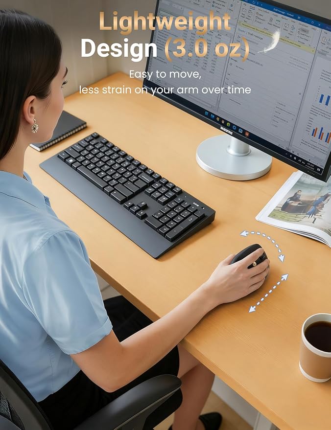 Ergonomic Vertical Wireless Mouse, 57°, Small/Medium Hands, Black | Rechargeable, Quiet Click, 800/1200/1600 DPI, 2.4GHz USB Receiver, Forward/Back Buttons, Computer Mouse for Laptop PC Mac