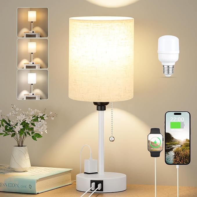 Small Bedside Lamp for Bedroom Nightstand - 3000K 4000K 5000K Bedside Lamps with USB C and A Ports, Pull Chain Table Lamps with AC Outlet, Nightstand Lamps with White Metal Base for Kids Reading