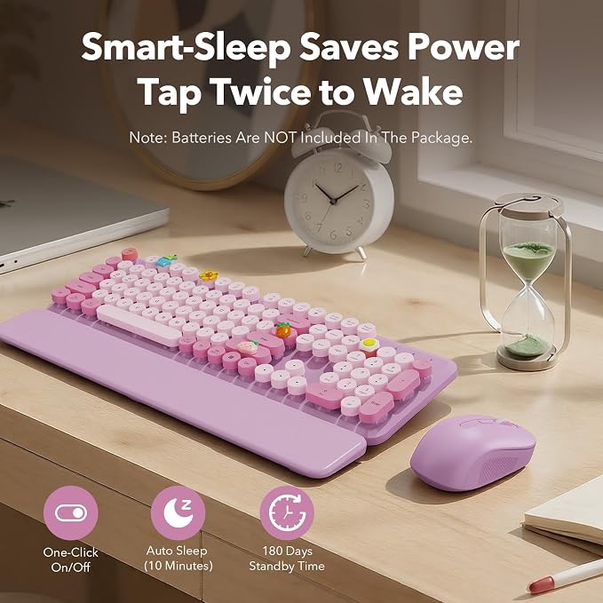 Wireless Keyboard and Mouse Combo, Round Keycaps, Full-Size Retro Typewriter Keyboard with Magnetic Wrist Rest, Tilt Legs, 2.4GHz Cordless Connection for Mac/Windows/PC, SABLUTE CK23, Lavender Purple