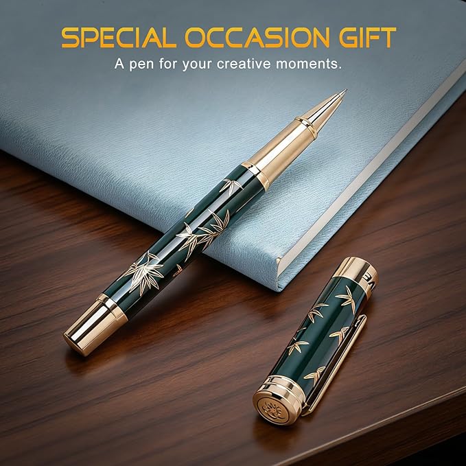 ZHKUVE Luxury Rollerball Pen,Stunning Green Lacquer with bamboo leaf patterns,Switzerland Tip with Black Ink Refills, Elegant Gift Set For Men & Women, Executive Writing, Nice Fancy