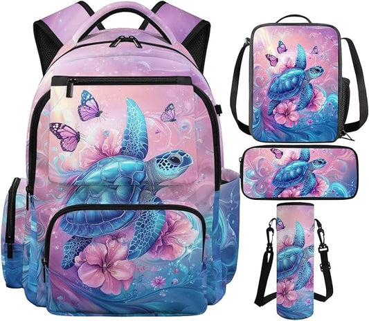 Sea Turtle Backpack and Lunch Box for School Boys Girls School Bag with Flap Zippered Pocket for Kindergarten Elementary Large 17 Inch Bookbags for Kids Back to School Supplies