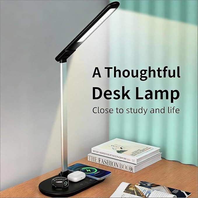 IHAO 3in1 Wireless Charging Eye-Care Desk Lamp 15W Fast Charging Station for Phone, Smartwatch & Earbuds, Touch Control Dimmable LED Light Adjustable Gooseneck, Modern Office Table Lamp-HYT2096 Black