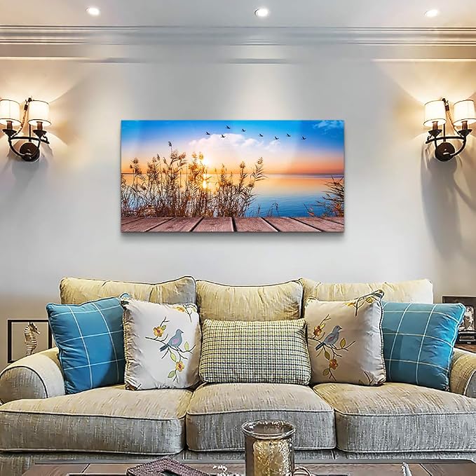 MHARTK66 Beach Sunset Wall Art Coastal Decor Seascape Canvas Prints Ocean Picture for Living Room Artwork for Walls Beach Grass Poster Landscape Painting Bedroom Wall Art Office Home Decoration 20"x 40"