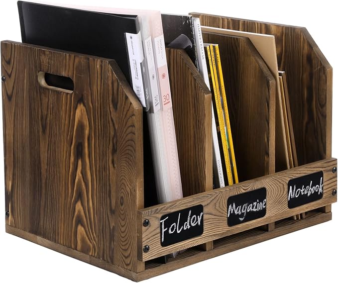 MyGift Office Desktop Document File Folder Rustic Burnt Brown Wood Binder Storage Organizer Rack with 3 Compartments and Chalkboard Labels