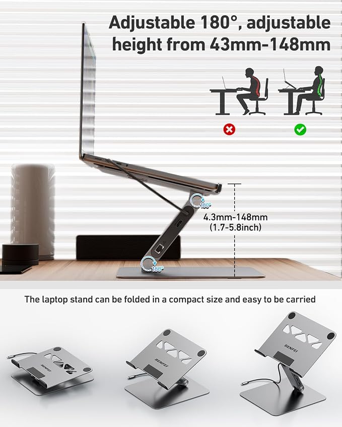 BENFEI Laptop Stand with USB C 6in1 Docking Station, HDMI 4K@60Hz,Gigabit Ethernet, 100W Power Delivery, 10Gbps 1*USB C 3.2 and 2*USB A 3.2 Compatible with MacBook Pro/Air, iPad Pro, XPS, Thinkpad