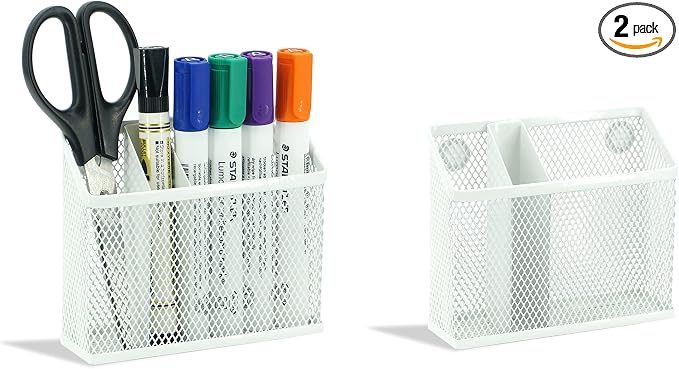 Neudeco Magnetic Pencil Holder,Magnetic Dry Erase Marker Holder for whiteboard, Magnetic Storage Basket for Refrigerator, Pack 2 (white)