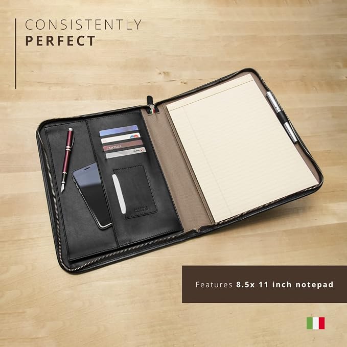 Personalized Maruse Leather Portfolio Padfolio - Executive Folio for Men and Women with Zipper, Folio Document Organizer, Laptop Sleeve, iPad Case and Folder - Made in Italy, Monogram Black
