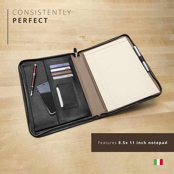 Personalized Maruse Leather Portfolio Padfolio - Executive Folio for Men and Women with Zipper, Folio Document Organizer, Laptop Sleeve, iPad Case and Folder - Made in Italy, Monogram Black