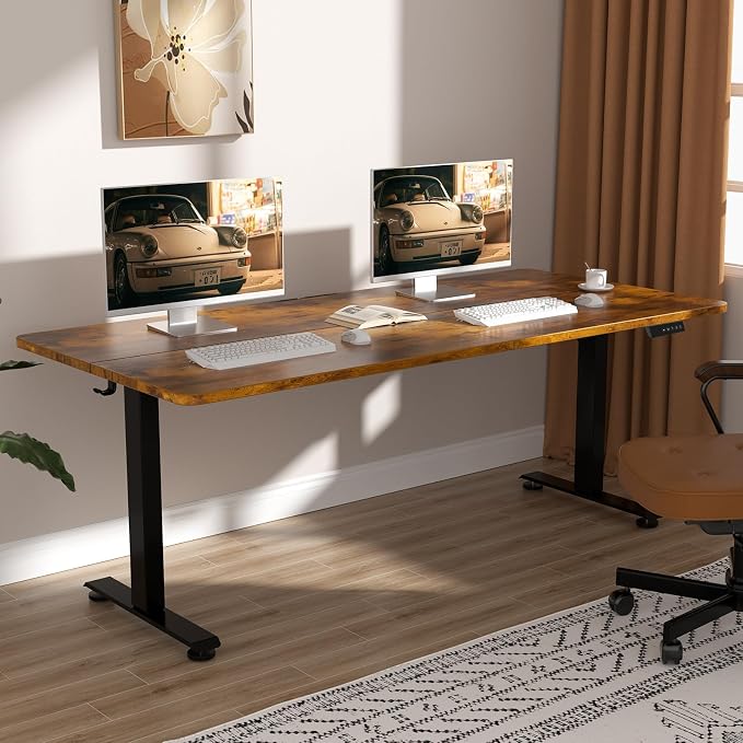 Veken 63×27.6 Inch Large Electric Standing Desk, Gaming Table, Brown | Height Adjustable Sit Stand Up Computer Tables for Home Office, Study , Writing, Suit students, employees and group work