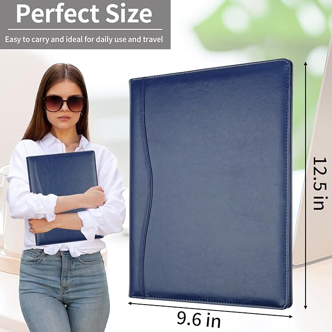 Professional Padfolio Portfolio Binder, Faux Leather Interview Resume Folder, Letter Size A4 Legal Writing Pad Holder, Document Organizer for Business School Office Conference (Blue)