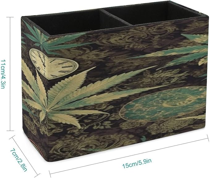 A Puff in Time Weed Marijuana Leather Pen Holder Exquisite Leather Pen Cup Pen Container Multifunctional Desktop Storage Box Round Pencil Cup Organizer for Office Home Desk Decor