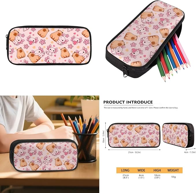 WELLFLYHOM Pink Capybara Axolotl Backpack Set for Girls Ages 8-12 | Full School Set with Insulated Lunch Box, Pencil Case and Water Bottle Holder, Suitable for Elementary and Junior Grades